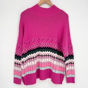 Crown & Ivy Pink Fair Isle Mock Neck Knit Pullover Sweater Size M